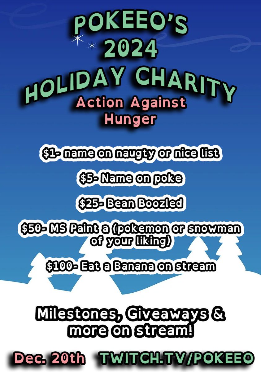 Charity Stream TOMORROW😍

Celebrating the holidays by giving back with the community! Incentives for donations as well as milestone goals🎁 See you soon!!!