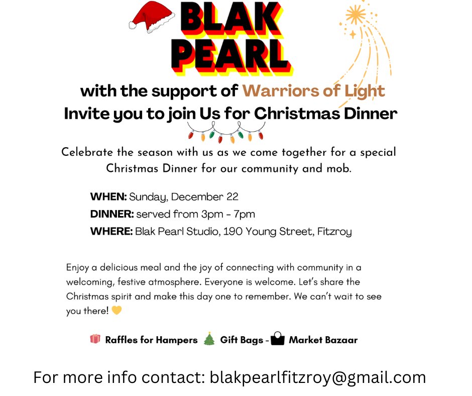 ReintegrationAu's tweet photo. Blak Pearl Studio is hosting a Xmas Feast luncheon featuring FREE roast lunch, gift bags &amp; high-quality donated goods. Aimed at Elders, their families &amp; communities who reside in or frequent the City of Yarra, all are welcome to attend. For more details, please contact Blak Pearl https://t.co/i1qb0Eb3eE