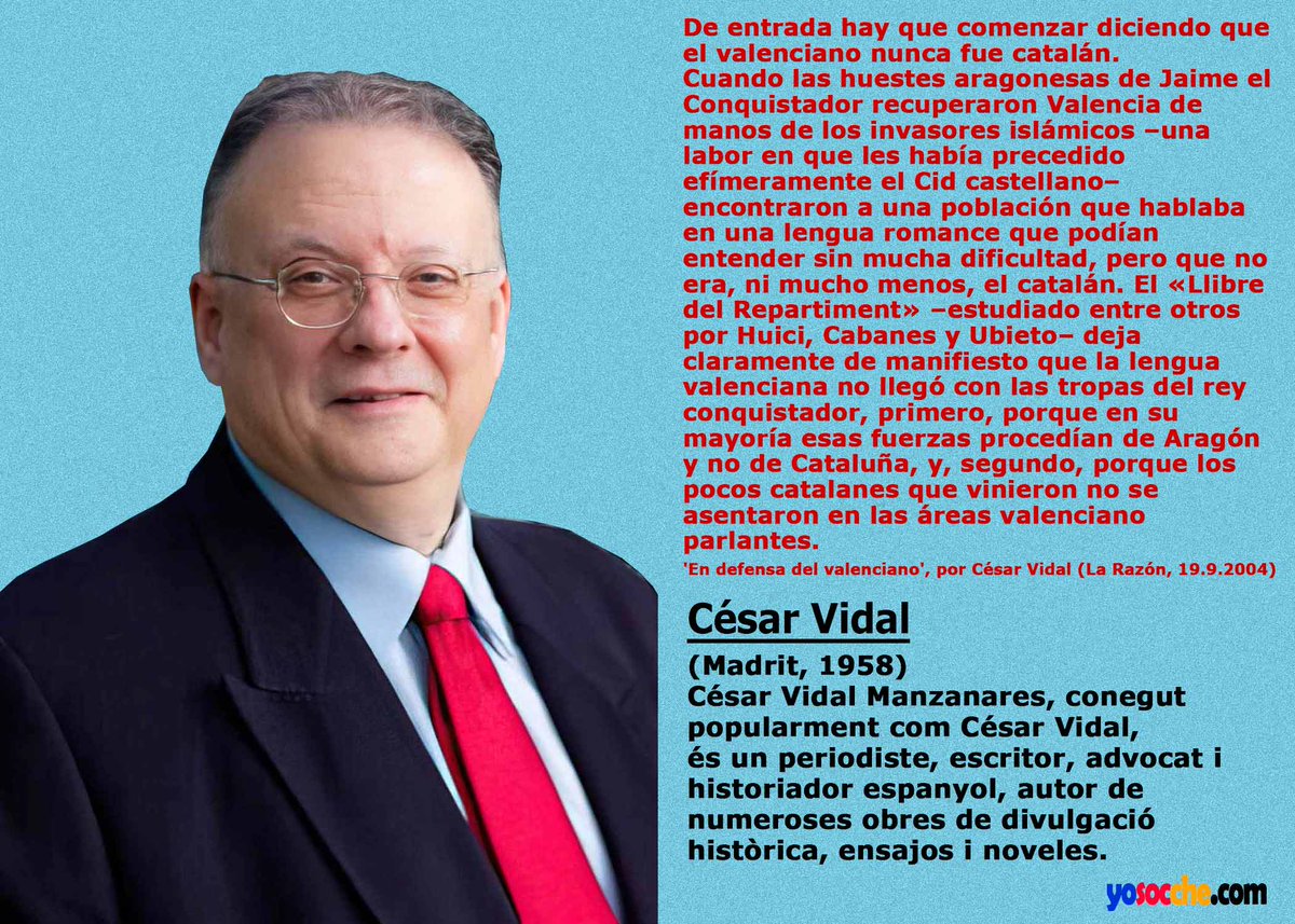 yosocche's tweet photo. Ademés vos oferixc una image de César Vidal en la que fa una menció molt bona de la llengua valenciana. Un atre ilustre que s'unix a la secció "Ilustres Parlen" de yosocche y un atre defensor de la vertitat historica.
Secció d'ILUSTRES PARLEN de yosocche:
https://t.co/qxexcMUkIG https://t.co/ZM9rgsRBrF
