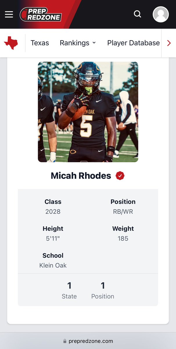 themicahrhodes's tweet image. Thank you @PrepRedzoneTX for ranking me the number 1 player in Texas and the number 1 Running back in Texas! I am humbled and there more work to be done! Not satisfied until I am the number 1 on all sites! #5StarFreshman #OakEm #thec0de #BlackPanther #FATE #RAREFAMILY…