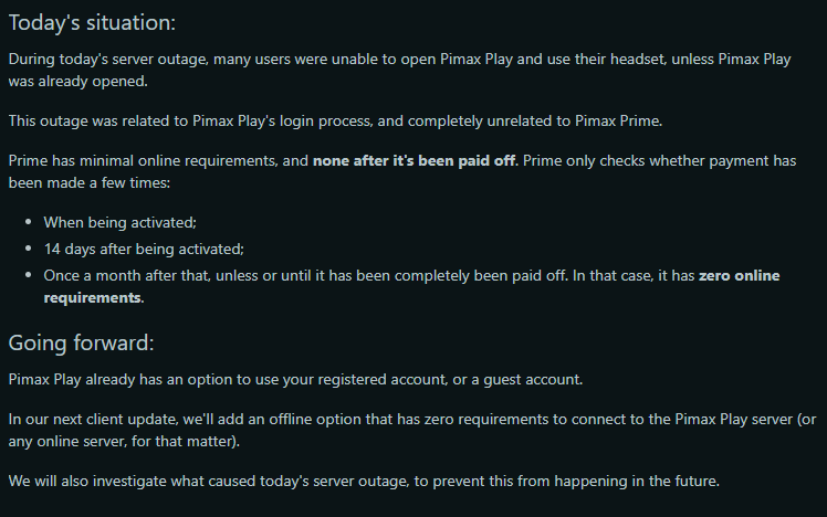 TheRealWuskers's tweet photo. @pimaxofficial This isn't the first time you have claimed you would add an offline mode.

Imagine requiring an internet connection just to use your HMD. https://t.co/TH6RAEVWrW