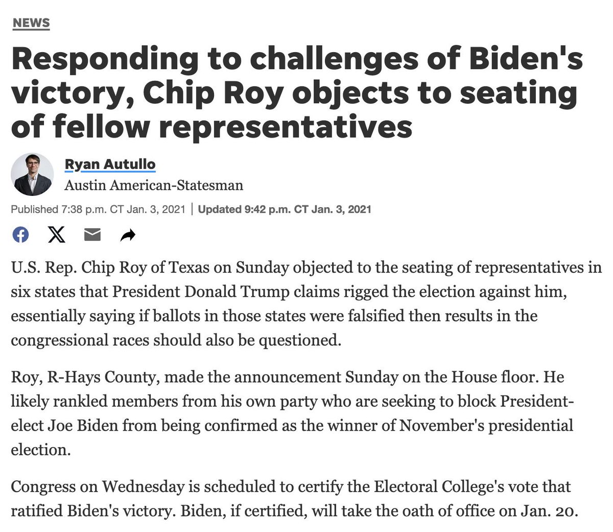 Cernovich's tweet photo. The real Chip Roy

- Liz Cheney defender 

- J6 truther who believed every lie and wore a mask as he snotted into it while crying 

- wanted to ban Republicans from Congress for not sufficiently deferring to Joe Biden 

- supported the frame up job of Ken Paxton https://t.co/9BgTdo2LfR