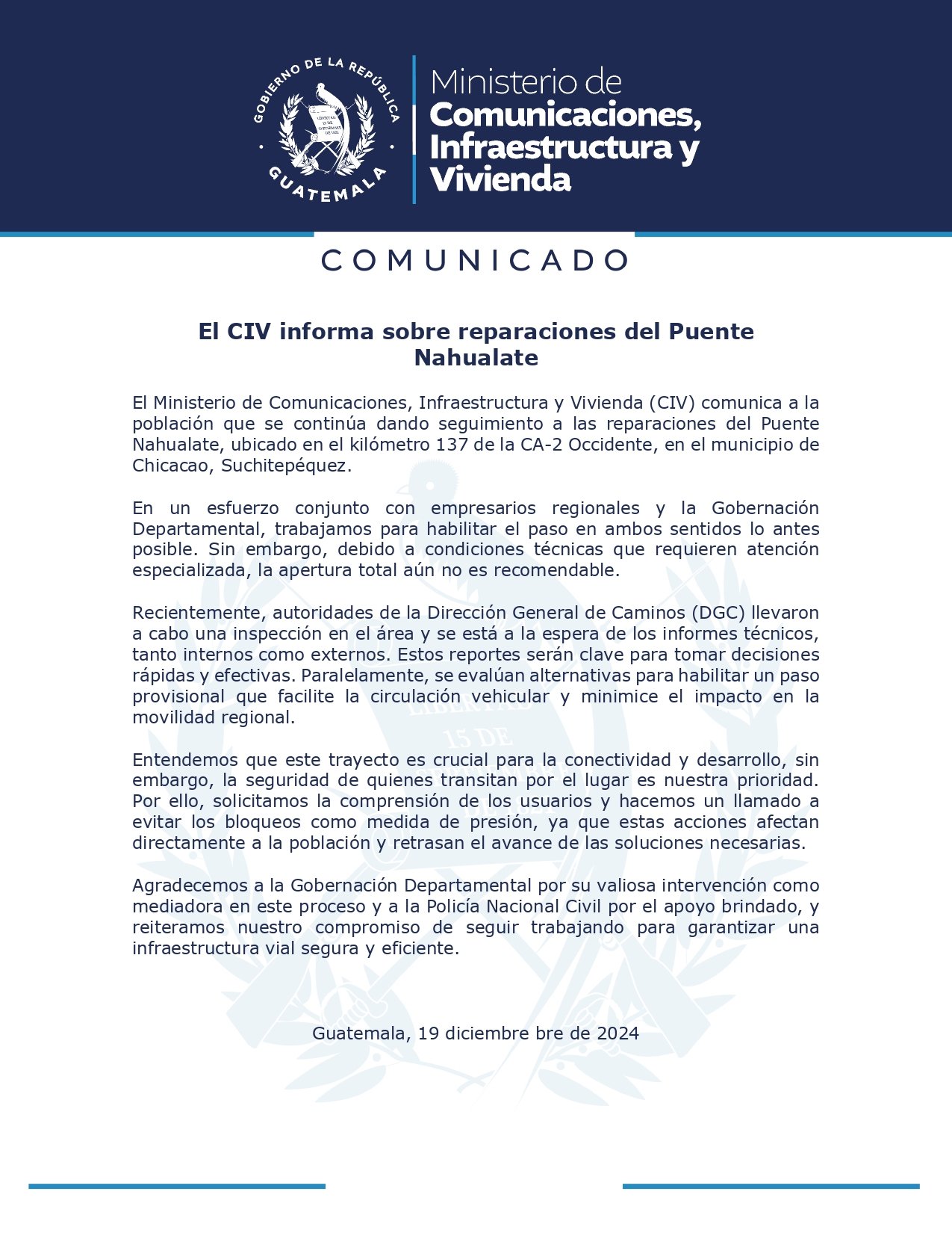#ComunicadoCIV ???????? Puente Nahualate en proceso: El #CIV trabaja en su reparaciÃ³n para garantizar paso seguro en Chicacao. Â¡Estamos comprometidos con soluciones efectivas! ???? Tu comprensiÃ³n acelera soluciones????Conoce mÃ¡s detalles aquÃ­ ???? 