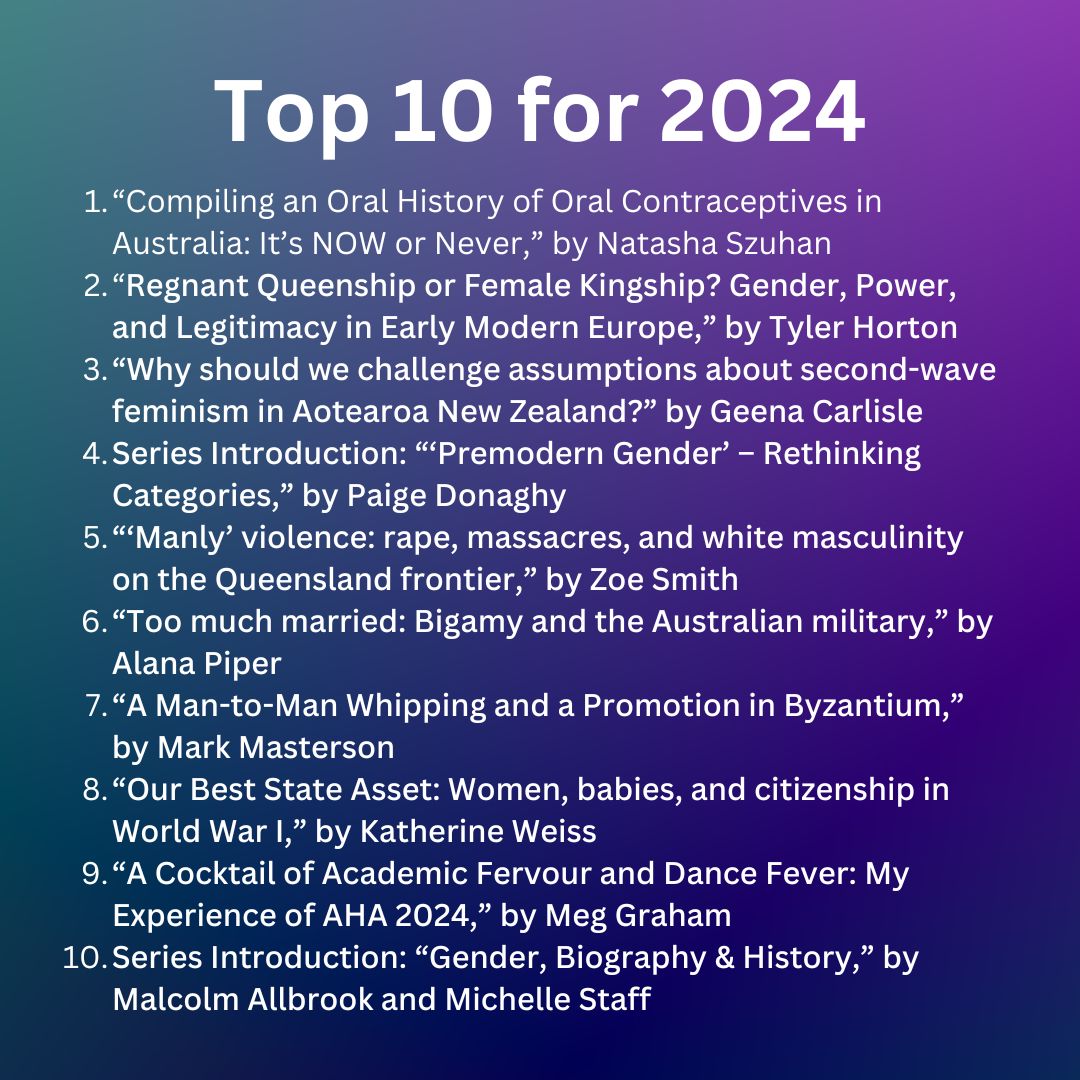Our thanks to all the authors who contributed to #VIDAblog this year ✨

Check out our Top 10 for 2024!

Congratulations to Managing Editor Paige Donaghy, whose “Premodern Gender’ – Rethinking Categories” series featured prominently!

Read more here ⬇️
auswhn.com.au/blog/