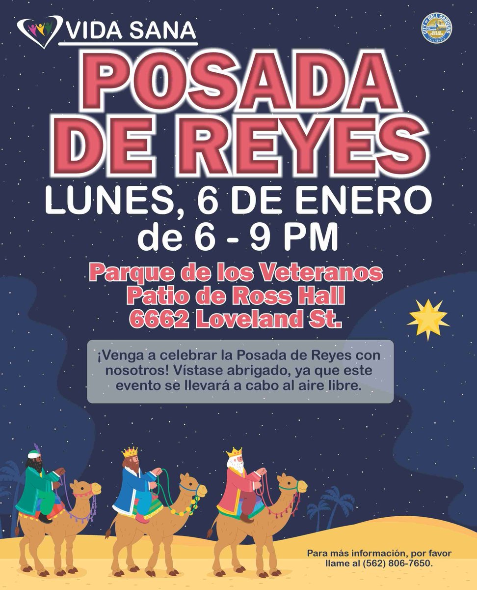 bgrecreation's tweet photo. ๐
Mark your calendars!
.
.
Join us for Posada de Reyes hosted by Vida Sana on:
๐๏ธ Monday, January 6
โฐ 6:00 PM - 9:00 PM
๐ Veterans Park - Ross Hall Patio, 6662 Loveland St.
๐ Need more details? Call us at (562) 806-7650.
#CommunityCelebration #OutdoorEvent #PosadadeReyes https://t.co/26gCWYdy56