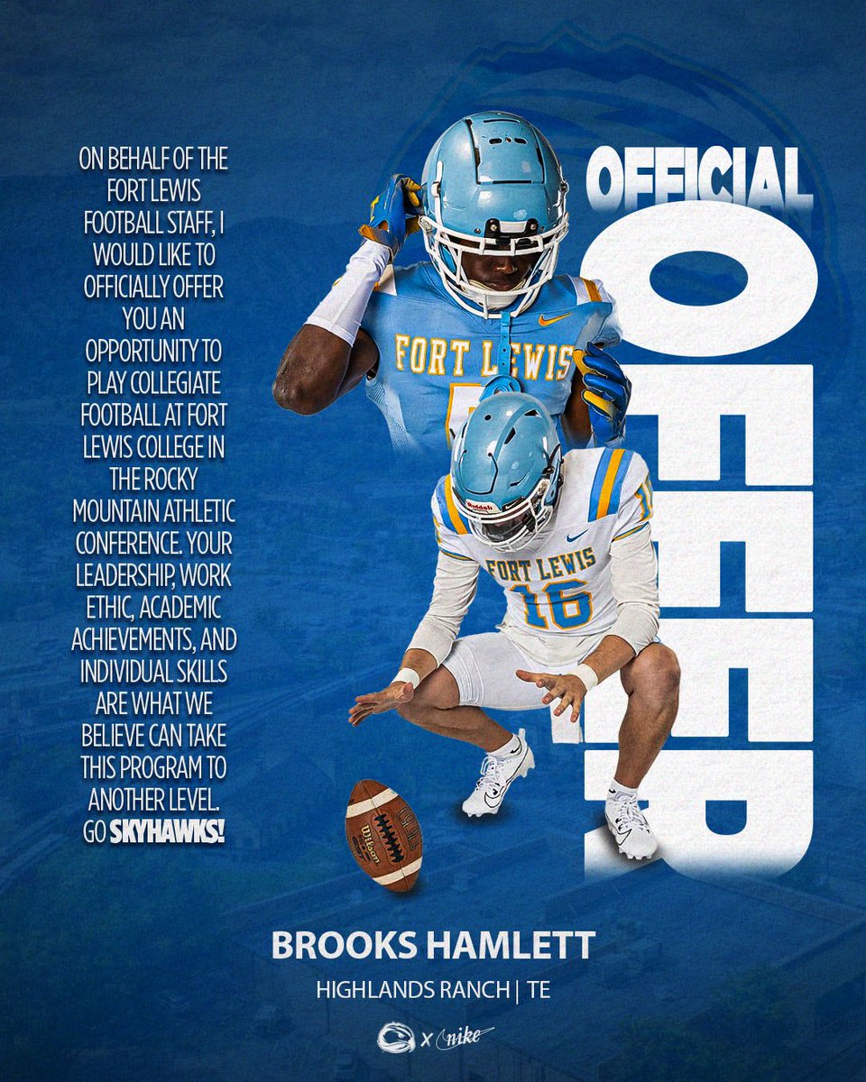 Brooks Hamlett (@brooks_hamlett) on Twitter photo After a great call with <a href="/DonnyMooreJr/">Coach Moore</a> I am grateful to receive an official offer to play at Fort Lewis <a href="/FLCFootball/">FLC Football</a>!!
<a href="/HRHSFootball/">HRHS Football</a> <a href="/Coach_Shumaker/">Jason Shumaker</a> <a href="/coach_clyatt/">Coach JC Clyatt</a> <a href="/FLCFootball/">FLC Football</a> After a great call with <a href="/DonnyMooreJr/">Coach Moore</a> I am grateful to receive an official offer to play at Fort Lewis <a href="/FLCFootball/">FLC Football</a>!!
<a href="/HRHSFootball/">HRHS Football</a> <a href="/Coach_Shumaker/">Jason Shumaker</a> <a href="/coach_clyatt/">Coach JC Clyatt</a> <a href="/FLCFootball/">FLC Football</a>