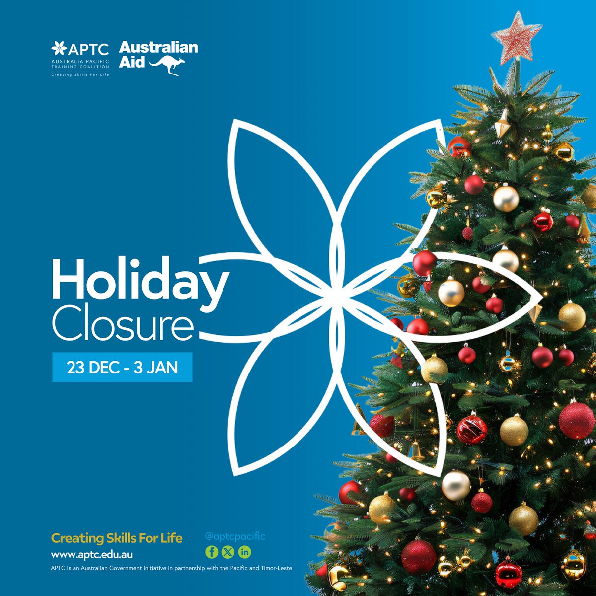 aptcpacific's tweet photo. 🎄 𝐇𝐨𝐥𝐢𝐝𝐚𝐲 𝐂𝐥𝐨𝐬𝐮𝐫𝐞 𝐀𝐧𝐧𝐨𝐮𝐧𝐜𝐞𝐦𝐞𝐧𝐭 🎅
Please note that #APTC offices and training sites will be closed for the festive season from Monday 23 Dec - Friday, 3 Jan. We look forward to reconnecting with you in the new year and wish you all #HappyHolidays! 🥳 https://t.co/no7wKnDCEw