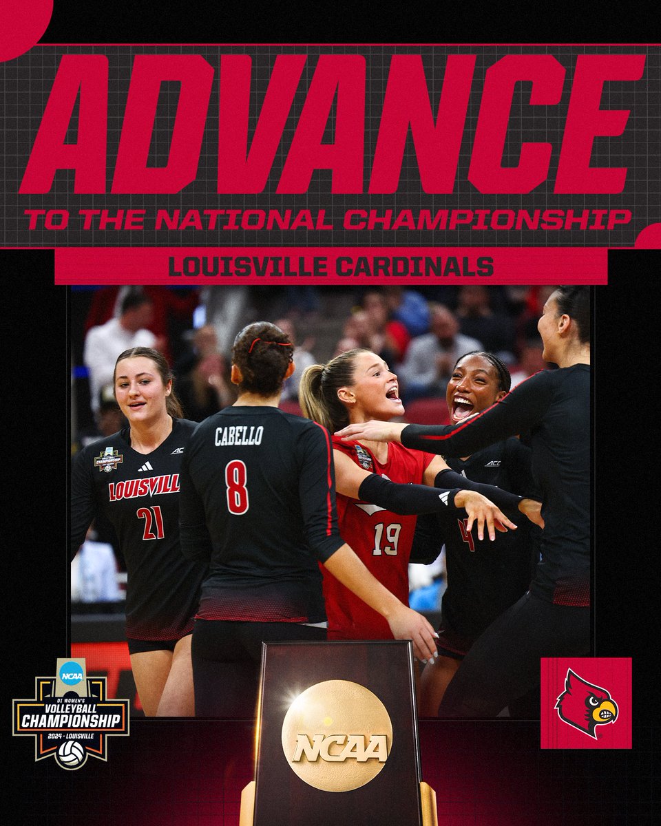NCAAVolleyball's tweet image. THE LOUISVILLE CARDINALS ARE GOING TO THE NATTY 🐦

(1) @LouisvilleVB defeats (1) Pitt in four sets to advance!

#NCAAWVB