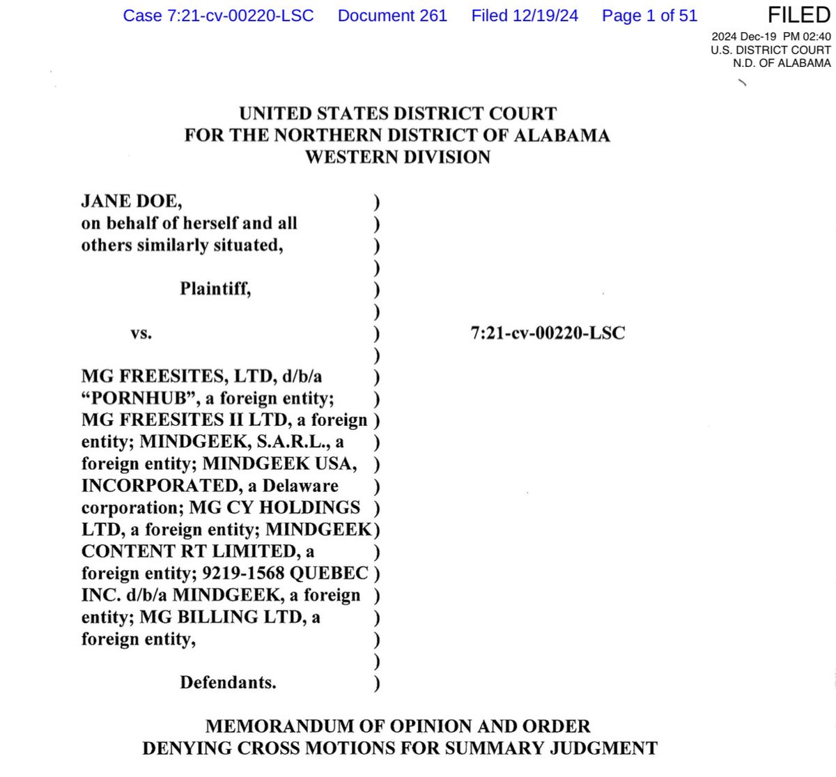 P*rnhub just lost their motion for summary judgment in the Alabama child trafficking class action suit. The evidence revealed by the judge in the decision is extremely damming. 

The new data and internal communications and conversations reveal an even deeper level of knowledge