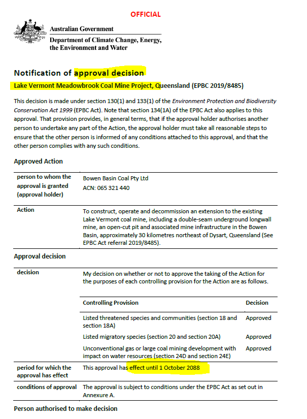 R_o_d_C's tweet photo. One of the coal mines @tanya_plibersek approved yesterday is approved until 2088.

64 years!!! https://t.co/PhoHNkv4vk