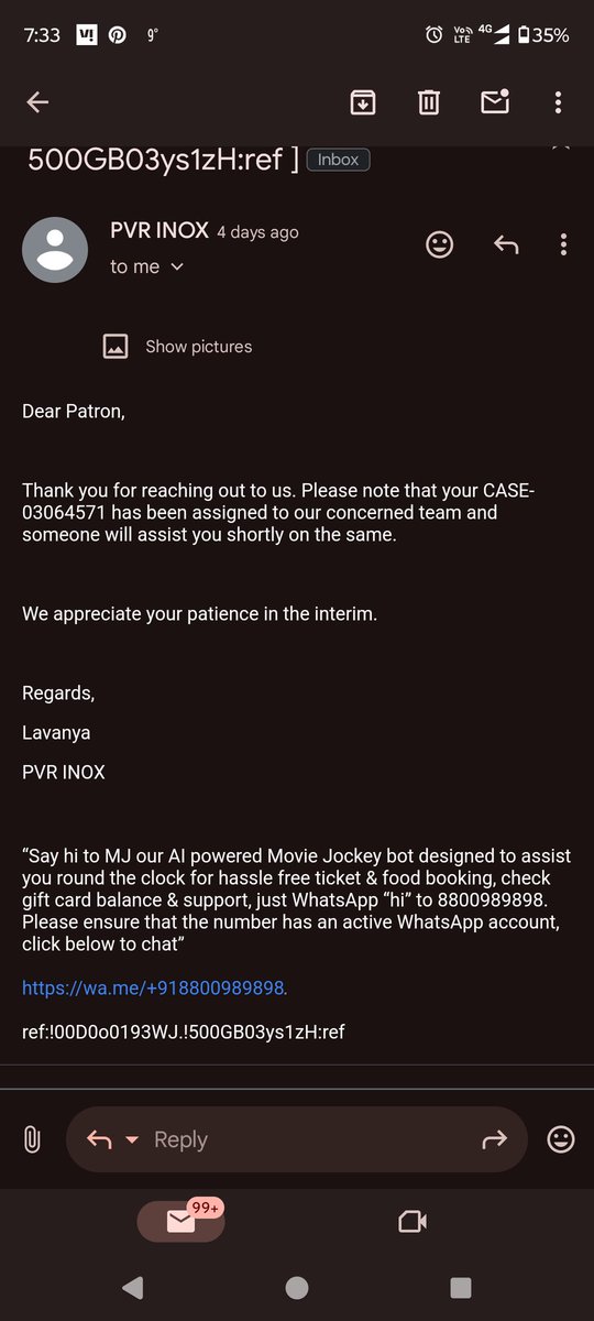 NoVanity_17's tweet photo. @_PVRCinemas Somehow that someone has not reached out to me in 4 days . What kind of customer service Is this @PicturesPVR @_PVRCinemas 
#PVR #PVRInox https://t.co/rZd65YXGAG