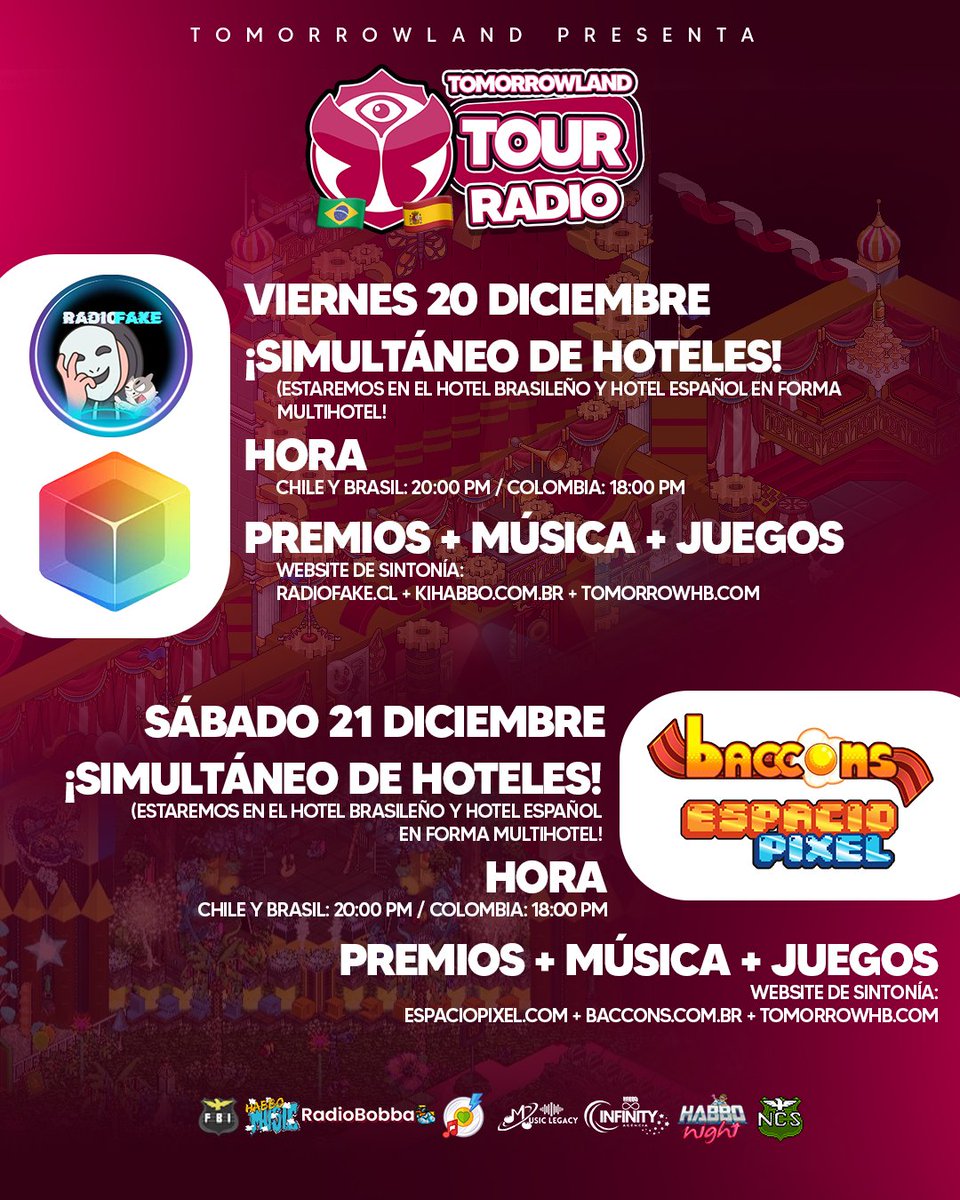 📚🎪Tomorrowland presenta: La 2da. Parada #TomorrowlandTourRadio.

Los protagonistas <a href="/RadioFakeHB/">Radio Fake</a> <a href="/kihabbofs/">Kihabbo ❤️</a> <a href="/BacconsBR/">Baccons</a> <a href="/EspacioPixelHB/">EspacioPixel</a> Eles levarão a música a outro nível.🇧🇷🇪🇸

INVITAN: <a href="/habbomusices24/">HabboMusicEs_</a> <a href="/MusicLegacy_HB/">Radio Music Legacy</a> <a href="/radiobobba_/">RadioBobba</a> <a href="/agencia_fbi/">Agencia FBI Habbo</a> <a href="/INFINITY_HB1/">Agencia Infinity</a> <a href="/AgenciaNCIShb/">AgenciaStarbucks</a>