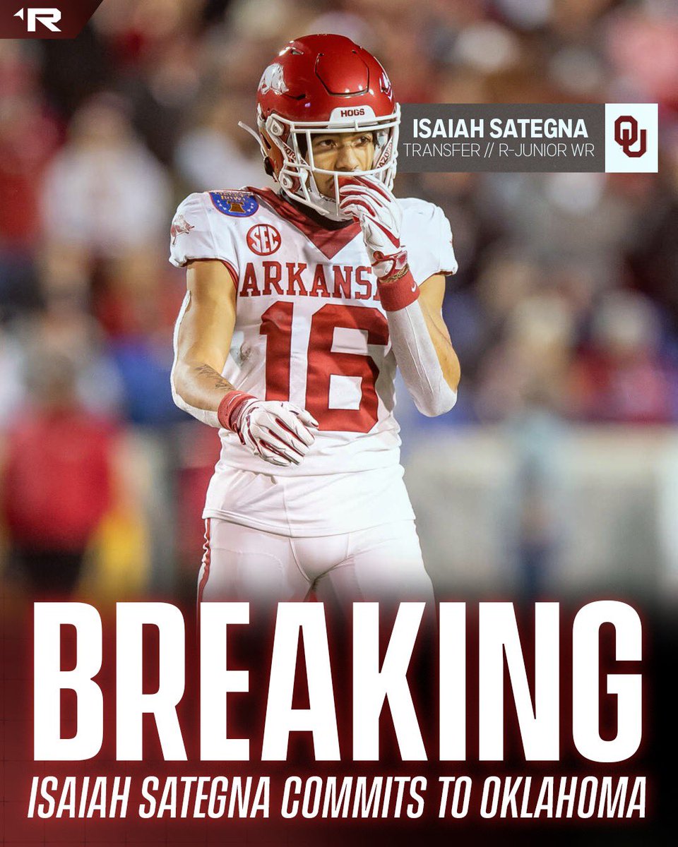 Former Arkansas wideout Isaiah Sategna is moving out west, as he’s committed to the #Sooners.

He had 37 catches for 491 yards and a TD in 2024.

STORY ➡️ oklahoma.rivals.com/news/sooners-l…
