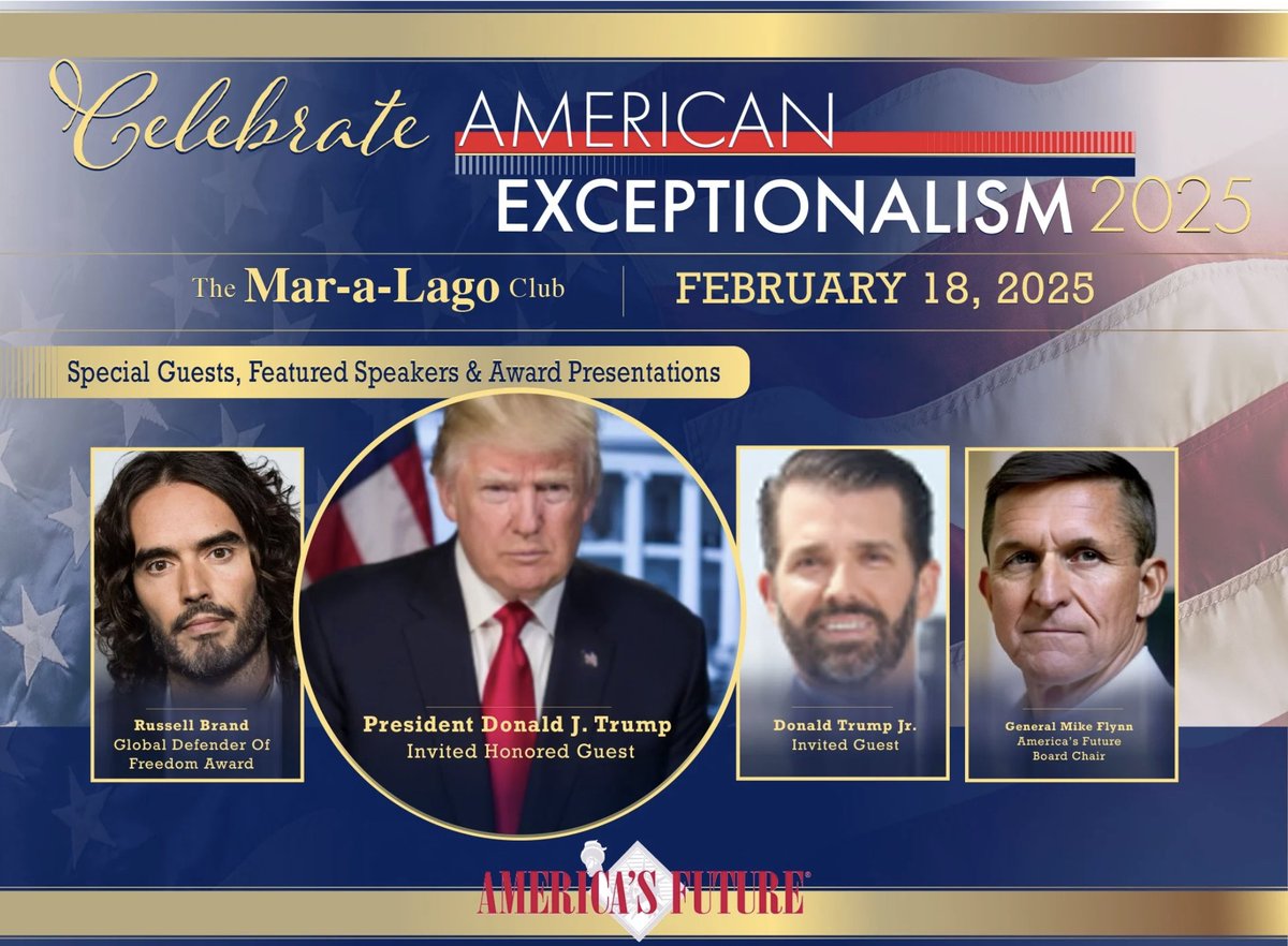 🇺🇸 Celebrate American Exceptionalism 2025 🇺🇸

America is the greatest nation in history, and on February 18, 2025, we’ll honor that greatness at The Mar-a-Lago Club with Celebrate American Exceptionalism 2025. 

Join freedom-loving patriots for an unforgettable evening featuring