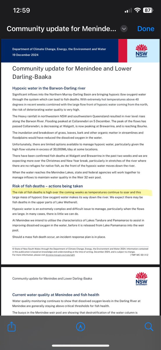 A risk of #fishkills over coming weeks in Menindee is “high”.

Good to see the government proactively communicating, but sorry to see the river in such a state.

<a href="/RoseBJackson/">Rose Jackson</a> there’s no major drought or flood, this time the river is stuggling with a bit of rain.

#Auspol