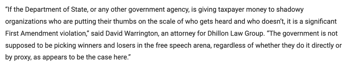 David Warrington, Trump's pick for White House counsel, was one of the first First Amendment lawyers to raise concerns over the State Department's Global Engagement Center roughly two years ago: