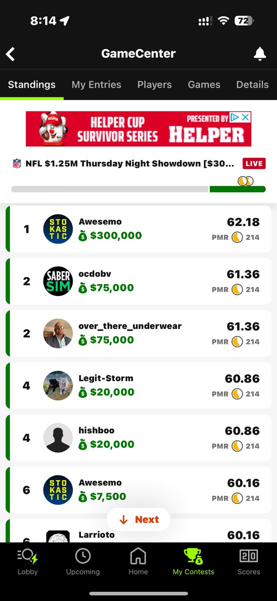 SimeonJones's tweet photo. @AwesemoDFS Lookin’ good!! #DFS #DraftKings #NFL #Stokastic #TNF https://t.co/ez70yQeIW0