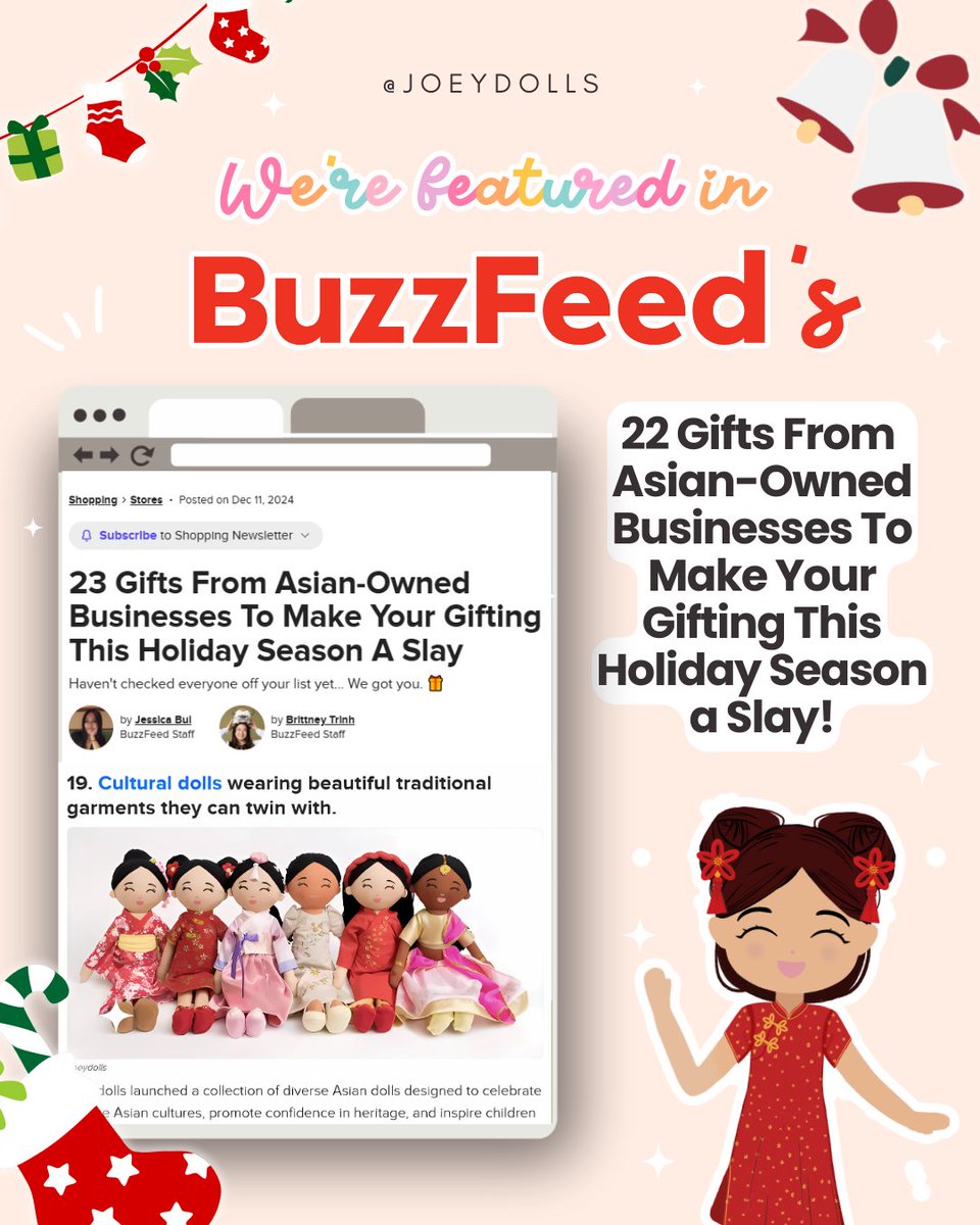 🎉 Joeydolls is featured in <a href="/BuzzFeed/">BuzzFeed</a>’s 22 Gifts From Asian-Owned Businesses! 🙌 These dolls celebrate cultural diversity &amp; inclusivity. 🛍️ Order with Priority Shipping to get your dolls in time for Christmas delivery! 🎄 🎄✨ #AsianOwnedBusiness #InclusiveToys #Joeydolls