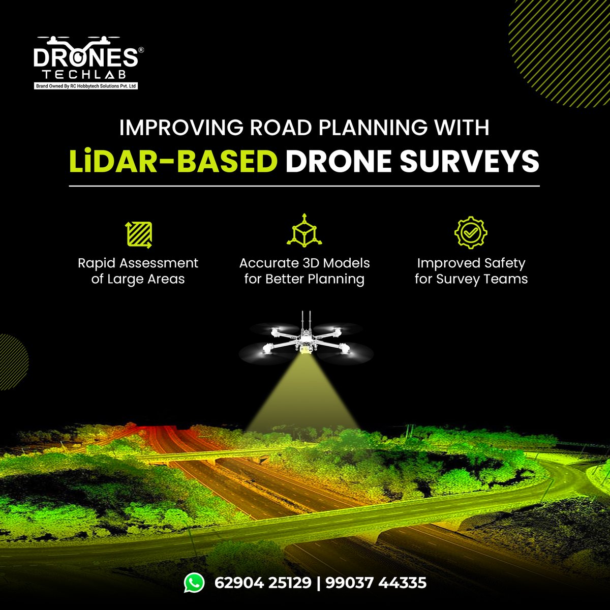 Drones_Tech_Lab's tweet image. 🛩️ LiDAR-based road surveys with #drones offer fast, accurate 3D models of road conditions and terrain, improving planning, reducing survey time, and ensuring safety. Discover the benefits today!

📲 62904 25129 | 99037 44335

#LiDARTech
