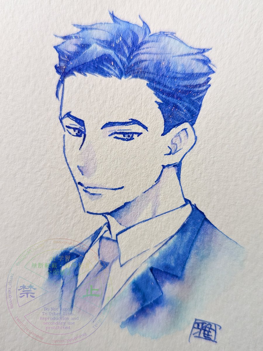 お友達に贈るインク作ったから試し書きで愛ちゃん（政治家スマイルバージョン）一発書き！(ﾟ∀ﾟ)

前に作ったレシピから少しカスタム。
うまく青に赤が出るようにでーきた(*´∀｀)♪