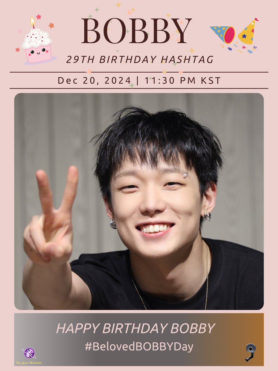 KJWworldwide's tweet photo. 🎂 2024 BOBBY BIRTHDAY HASHTAG 🎂

SiRs and iKONICs, you’re invited!
Come and join hashtag party tonight to celebrate Bobby’s 29th birthday!🥳

⏰ Dec 20, 11:30PM KST

*Don’t use the tags before time!
#BOBBY #바비 #バビ #iKON #아이콘  
@bobbyranika @BOBBY_SiR_JP @iKONIC_143 https://t.co/Ck1r08zXRR