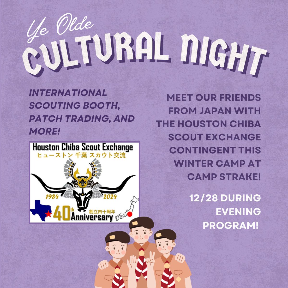 ATTENTION ALL WINTER CAMP ATTENDEES!!! Come meet our friends from Japan during Cultural Night at Camp Strake Winter Camp!! 🇯🇵🌐✨ We'd love for you to learn more about international scouting :) ✨ #scoutingamerica #scoutmein #samhoustonbsa #campstrake