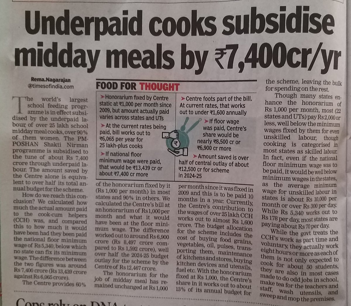 The poorest who work as cooks-cum-helpers subsidise biggest school lunch prog in the world by underpaid labour worth 7,400 cr per yr
Current India spends Rs 6,065 cr on midday meal cooks wages
If paid national floor minimum wage of Rs 5,340, cost=13,439 cr
13,439-6065= ~7,400 cr