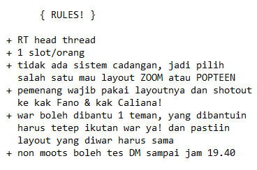 📍 format DM
mikail, (nama kamu) mau layout ZOOM dong! + 2 emoji
ex: mikail, wonbin mau layout ZOOM dong! 🍀🎉 

📍 format DM yang bantuin war
mikail, (nama kamu) @(uname yang dibantu) mau layout ZOOM dong! + 2 emoji
ex: mikail, anton @PinkaPeony mau layout ZOOM dong! 🦋🪸