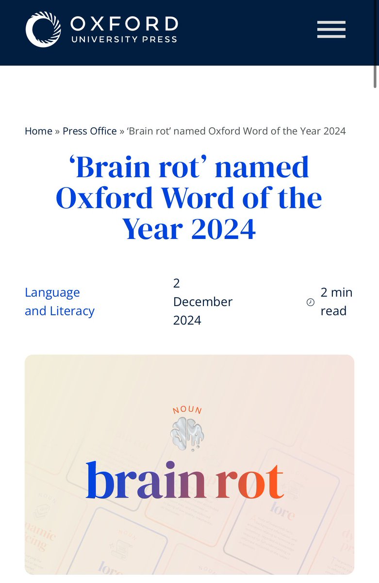 Istilah untuk kecanduan scrolling "konten receh"socmed yang berdampak pasa menurunnya daya fokus, kognitif, dan kesehatan mental pada generasi muda:
BRAIN ROT, terpilih jadi Oxford Word of the Year, 2024. 🥹

Cegah brain rot, tingkatkan kecerdasan dengan membaca sedari bayi!