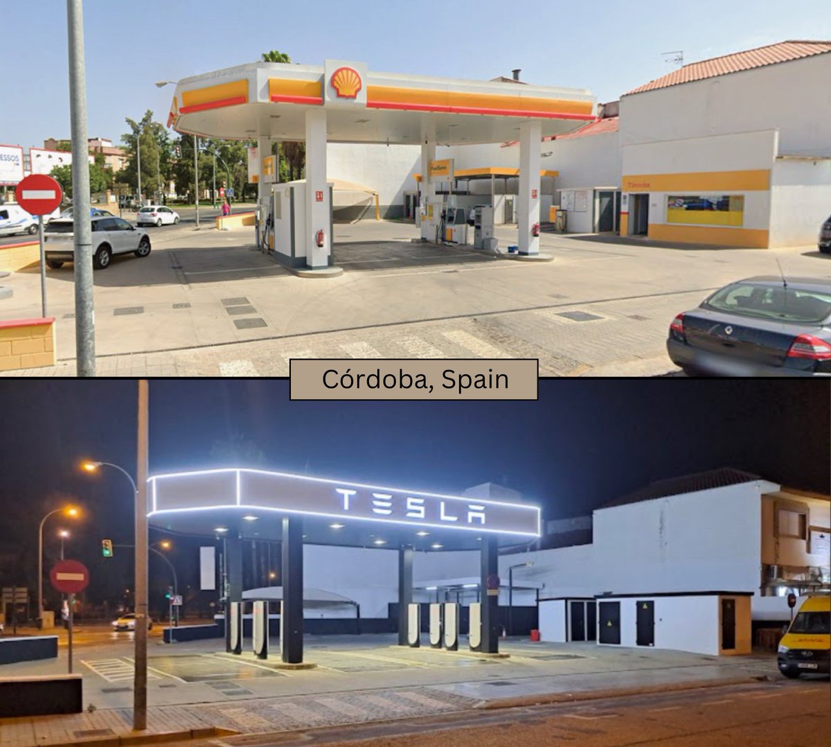 Córdoba, Spain Tesla Supercharger Before &amp; After. 

This is the future.