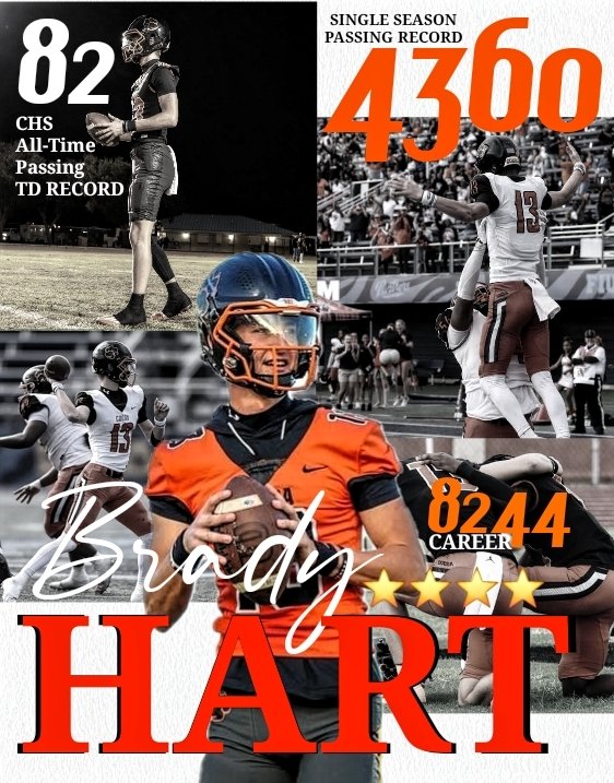 All-American QB Brady Hart 
CHS All-Time Passing TD Leader (82)
CHS Single-Season Passing Record (4,360 yds | #1 FL, #9 🇺🇸)
FL #3 All-Time
Brevard’s #2 All-Time Leader (8,244 yds) Career Stats:
31 games | 562/838 | 67% | 8,244 yds | 82 TD | 20 INT | 121.5 QBR
 #TigerPride