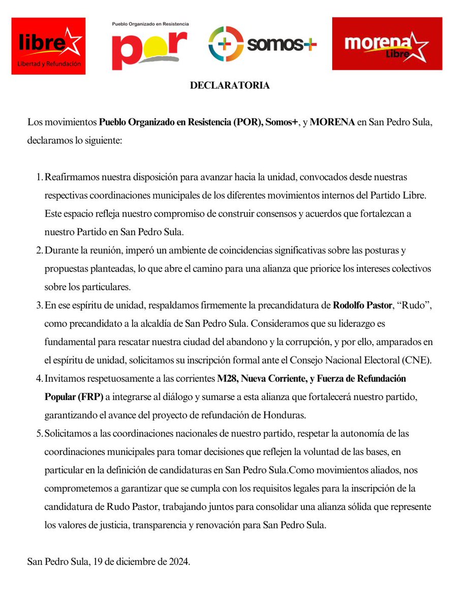El respeto, el diálogo y el despojo de intereses particulares son esenciales para construir consenso y bien común; fortalecer a nuestro <a href="/PartidoLibre/">Partido Libre</a> en San Pedro Sula y alcanzar la próxima victoria. Gracias POR, Somos + y Morena, por apostar a la alianza de las bases 🙏🏻🇭🇳🙏🏻.