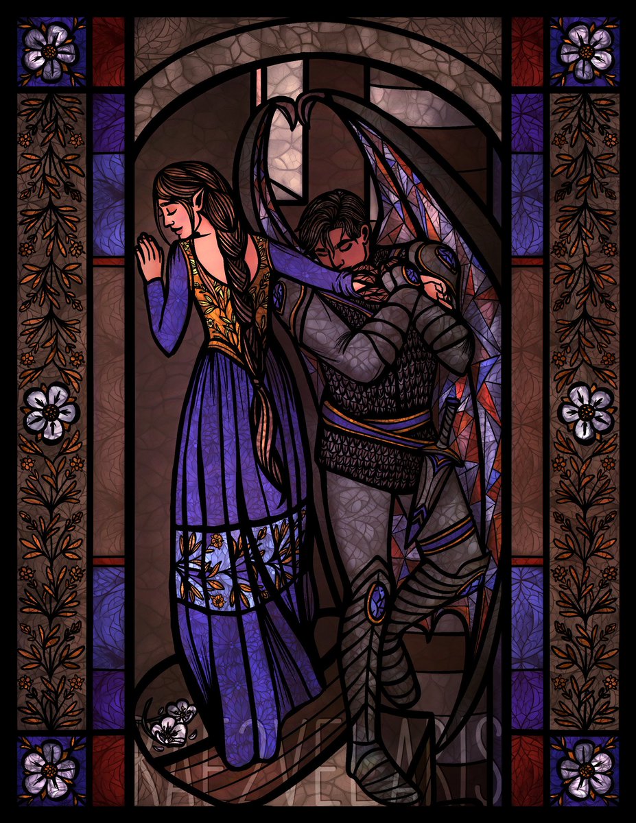 I'm going to start adding my art on here. Let's start with the latest one. 🥰❤️
Elriel Stained Glass: Hellelil and Hildebrand, the Meeting on the Turret Stairs