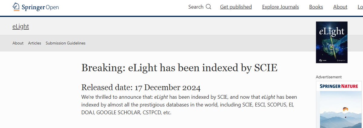 Pleased to share that, <a href="/eLight2021/">eLight</a> has been indexed by Science Citation Index Expanded (SCIE). Launched for 3.5 years, eLight has been indexed by almost all major databases. <a href="/InnovateUCLA/">biophotonics@UCLA</a> <a href="/CWQiu3/">C.W. Qiu</a>