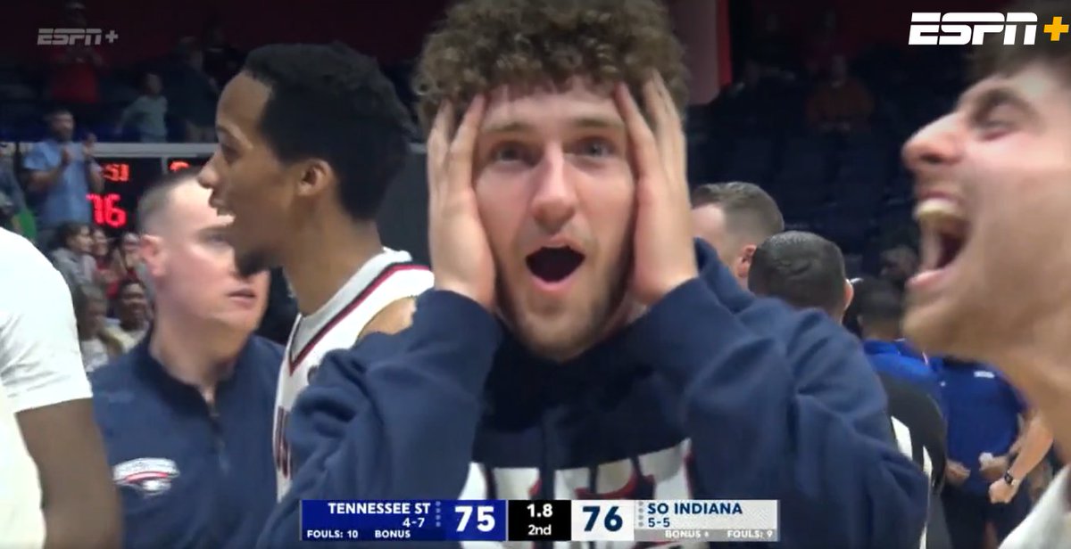 T3 Bracketologyโข๏ธ๐ (@t3bracketology) on Twitter photo Jack Campion's tough step back wins it for Southern Indiana over Tennessee State. <a href="/USI_Basketball/">USI Basketball</a> has won 4 of its last 5 and is back over .500 at 6-5.
Bench was loving it Jack Campion's tough step back wins it for Southern Indiana over Tennessee State. <a href="/USI_Basketball/">USI Basketball</a> has won 4 of its last 5 and is back over .500 at 6-5.
Bench was loving it