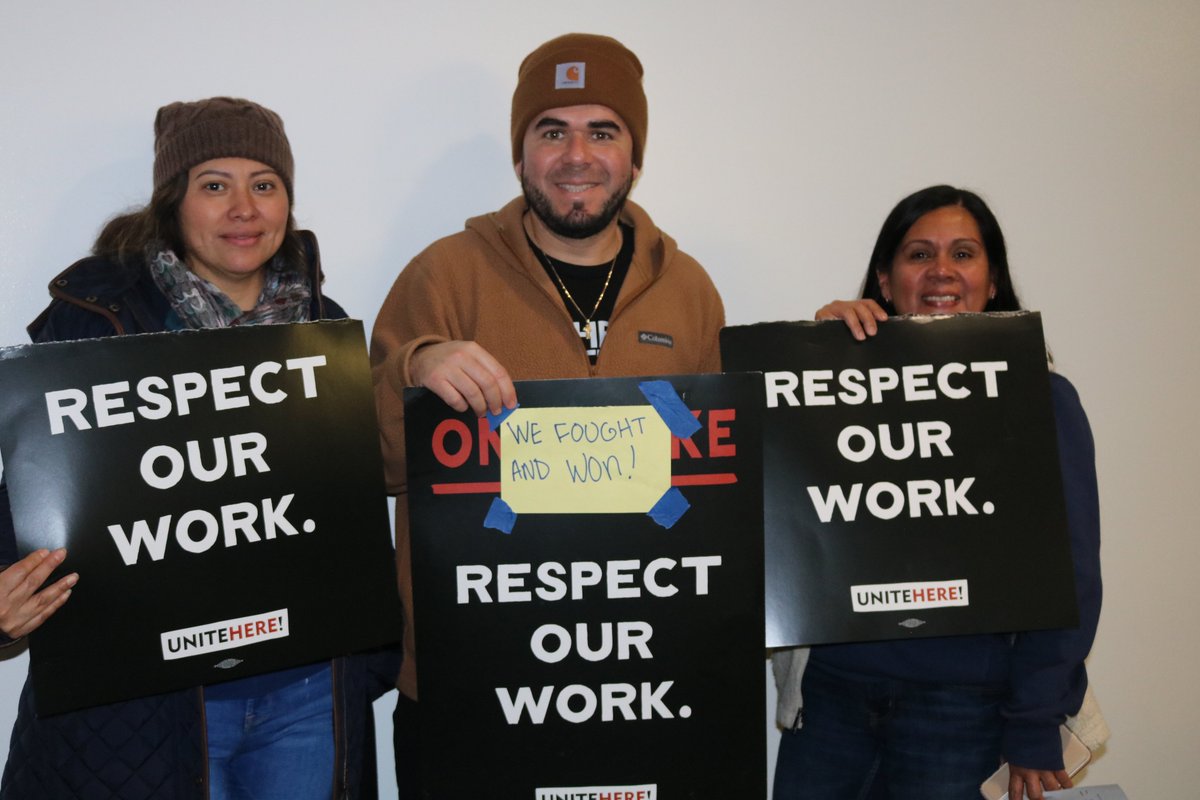 UniteHereL2's tweet image. WHEN WE FIGHT, WE WIN! SF Marriott workers voted 99.8% yes to ratify a historic new contract and end their strike! Workers kept their union healthcare and won big raises, fair workload protections, and more. Hilton and Hyatt— now it&apos;s your turn!