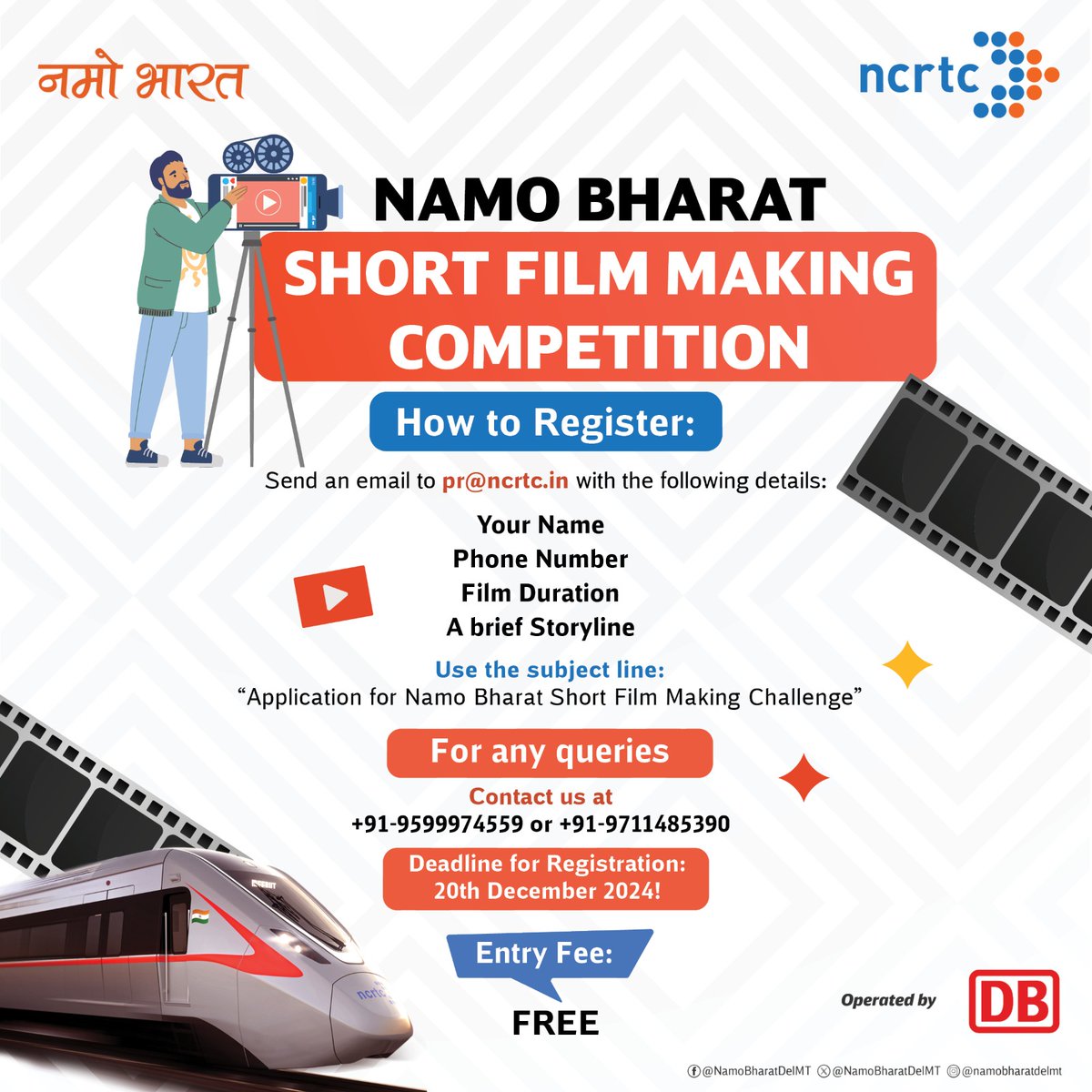 NamoBharatDelMT's tweet photo. Turn your vision into reality and win up to ₹1,50,000!
Showcase your talent with #NamoBharatTrain and #RRTS stations as your canvas!
Registration closes TODAY!
Send details, film duration, and a 100-word description to pr@ncrtc.in.
#NamoBharat #NCRTC #DBRRTS #DB https://t.co/KyA53jdSp2
