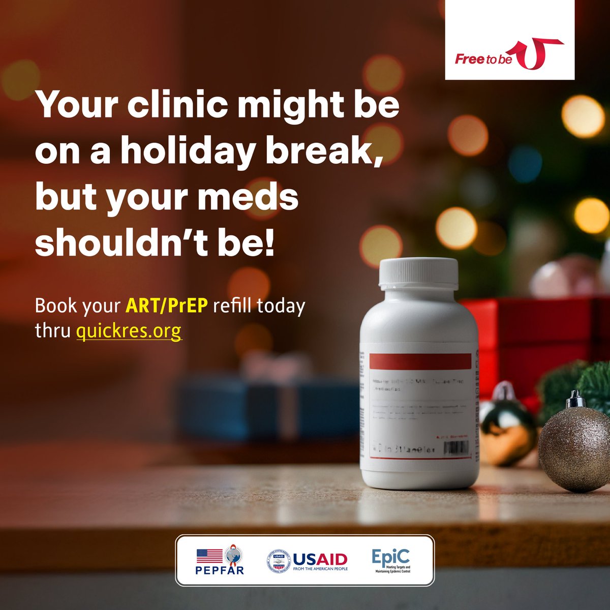 FreeToBeUPH's tweet image. Book your ART/PrEP refills thru quickres.org now before the clinics take a break for the holidays! 📆🎄

#FreeToBeYou #EpiCProject #PEPFAR #USAID