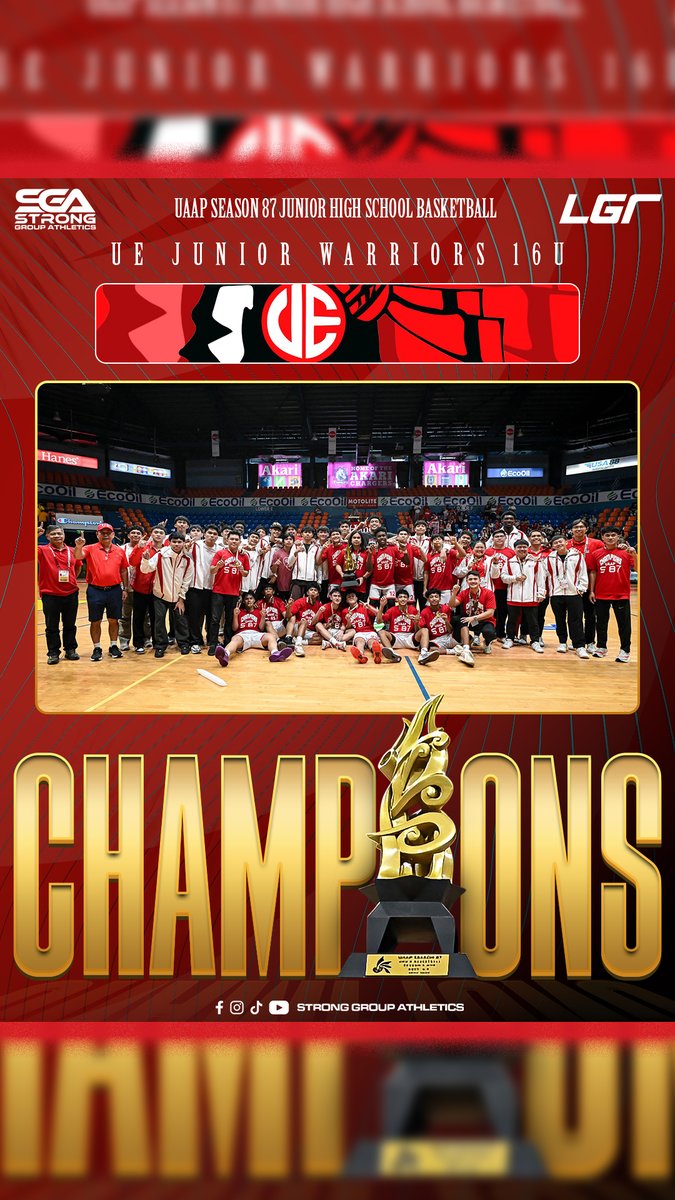 stronggroupathl's tweet image. 39 YEARS! 🏆

The UE Junior Warriors break the drought and claim the first-ever UAAP Junior High School Basketball Championship! 🔴⚪ 

#StrongerTogether #BombaUE