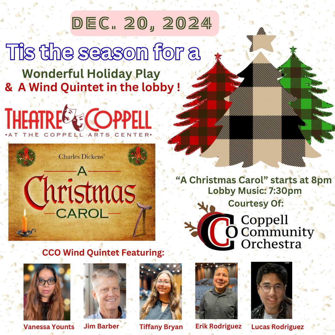 Theatre Coppell (@theatrecoppell) on Twitter photo 🎶 Get into the holiday spirit with a live Wind Quintet performance of Sleigh Ride! 🎄❄️ Join <a href="/CoppellCommOrch/">Coppell Community Orchestra</a> in the lobby on Dec 20 for a festive musical treat before "A Christmas Carol"! 🎺🎷#theatrecoppell #coppellcommunityorchestra #FestiveSeason #DecemberEvents 🎶 Get into the holiday spirit with a live Wind Quintet performance of Sleigh Ride! 🎄❄️ Join <a href="/CoppellCommOrch/">Coppell Community Orchestra</a> in the lobby on Dec 20 for a festive musical treat before "A Christmas Carol"! 🎺🎷#theatrecoppell #coppellcommunityorchestra #FestiveSeason #DecemberEvents