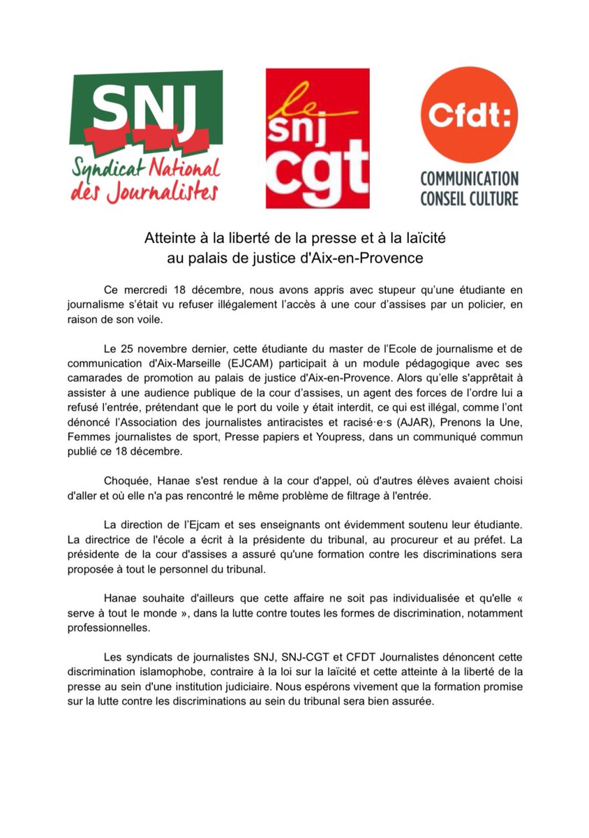 L’AJAR se réjouit de voir les trois principaux syndicats de la profession exprimer leur soutien à l’étudiante en journalisme victime de racisme islamophobe et interdite d’accès au tribunal parce que portant un foulard. Merci <a href="/SNJ_national/">SNJ - premier syndicat de journalistes</a> <a href="/SnjCgt/">SNJ-CGT (rejoignez-nous !)</a> <a href="/USJCFDT/">CFDT Journalistes</a> !