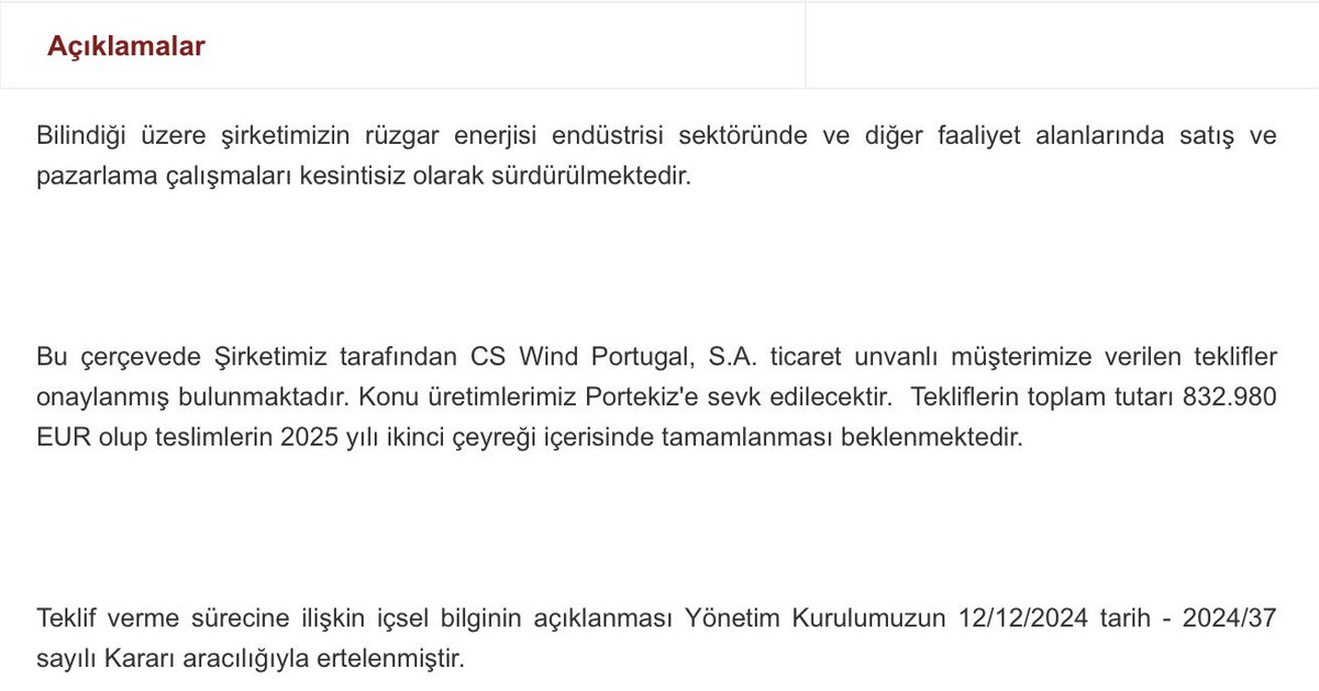 #sayas tarafından CS Wind Portugal, S.A. ticaret unvanlı müşterimize verilen teklifler onaylanmıştır. Konu üretimlerimiz Portekiz'e sevk edilecektir.  Tekliflerin toplam tutarı 832.980 EUR olup teslimlerin 2025 yılı ikinci çeyreği içerisinde tamamlanması beklenmektedir. 🇹🇷 🇵🇹