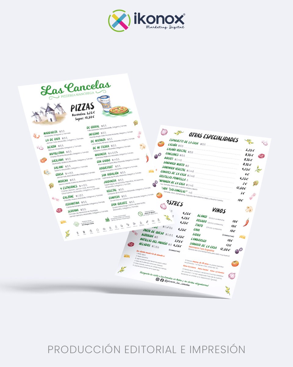 ikonox_com's tweet photo. Diseño Gráfico | Nueva carta Pizzería Las Cancelas 🍕✨

Diseño fresco y limpio, destacando el verde icónico del restaurante e ilustraciones únicas inspiradas en sus platos. ¡Gracias, Víctor, por confiar en Ikonox! ¿Y tú, ya probaste sus pizzas? 😋💚 #Ikonox #DiseñoCreativo https://t.co/D4XTZYJXlK