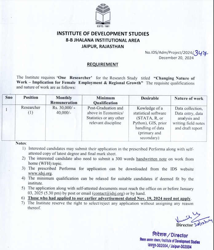 grabbani0's tweet image. Research Opportunity Alert!
@IDS_JPR is hiring a Researcher for the study: &quot;Changing Nature of Work – Implication for Female Employment &amp;amp; Regional Growth.&quot;

📝 ₹30,000-40,000/month
🎓 Postgrad in Economics/Stats required
📅 Apply by: Jan 3, 2025

#Jobs #Research #jobsearch
