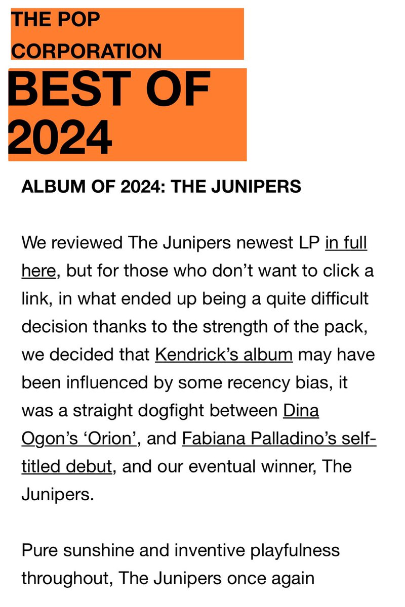 The Junipers won album of 2024 in Pop Corps. We’re obviously delighted with this. Thank you so much!! thepopcorps.co.uk/2024/12/20/__t…
#AlbumOfTheYear #psychedelicpop