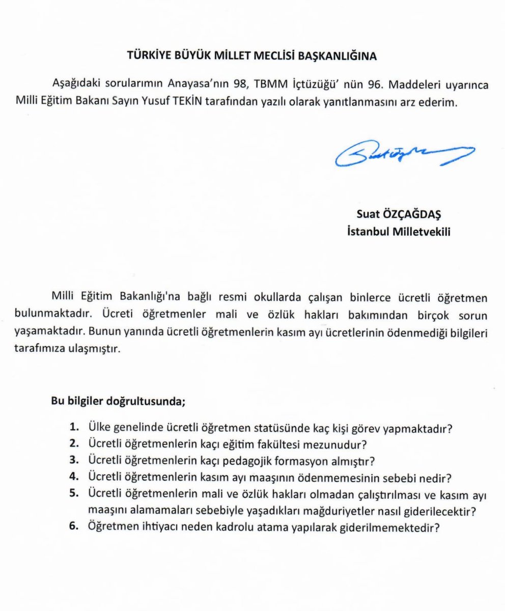 Ücretli öğretmenlerin kasım ayı maaşının yatırılmaması üzerine TBMM’ye soru önergesi verdim👇

Öğretmenlerimiz, Anayasa’nın getirdiği yükümlülüklere rağmen ücretli öğretmenlik adı altında, köle düzeninde çalıştırılıyor! Asgari ücretin altında, yarım sigortayla çalıştırılan