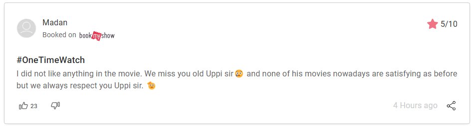 raackey's tweet photo. #OneTimeWatch I did not like anything in the movie. We miss you old Uppi sir and none of his movies nowadays are satisfying as before but we always respect you Uppi sir. https://t.co/cwMFHWSorw