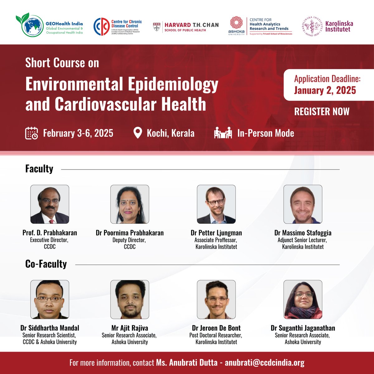 INDIACCDC's tweet photo. Exciting opportunity!

The @geohealthindia Hub, led by the @INDIACCDC and the @HarvardChanSPH in collaboration with the @CHART_TSB, @AshokaUniv (AU) and @karolinskainst (KI), has announced a #shortcourse on “Environmental Epidemiology and Cardiovascular Health.”

Scheduled from February 3-6, 2025, at the @AMRITAedu (AIMS), Kochi. The course explores the impact of environmental exposures—like air pollution, temperature, green spaces, and noise—on cardiovascular health. It includes theoretical lectures and hands-on workshops with statistical analyses.

The course is ideal for researchers and post-graduates in public health, environmental health, or related disciplines.

Know more about the course here: https://t.co/idyvYN9zej

The last date to apply is January 2, 2025. Register here: https://t.co/TRVYVSDorK

#EnvironmentalHealth #CardiovascularHealth #PublicHealth #CCDC