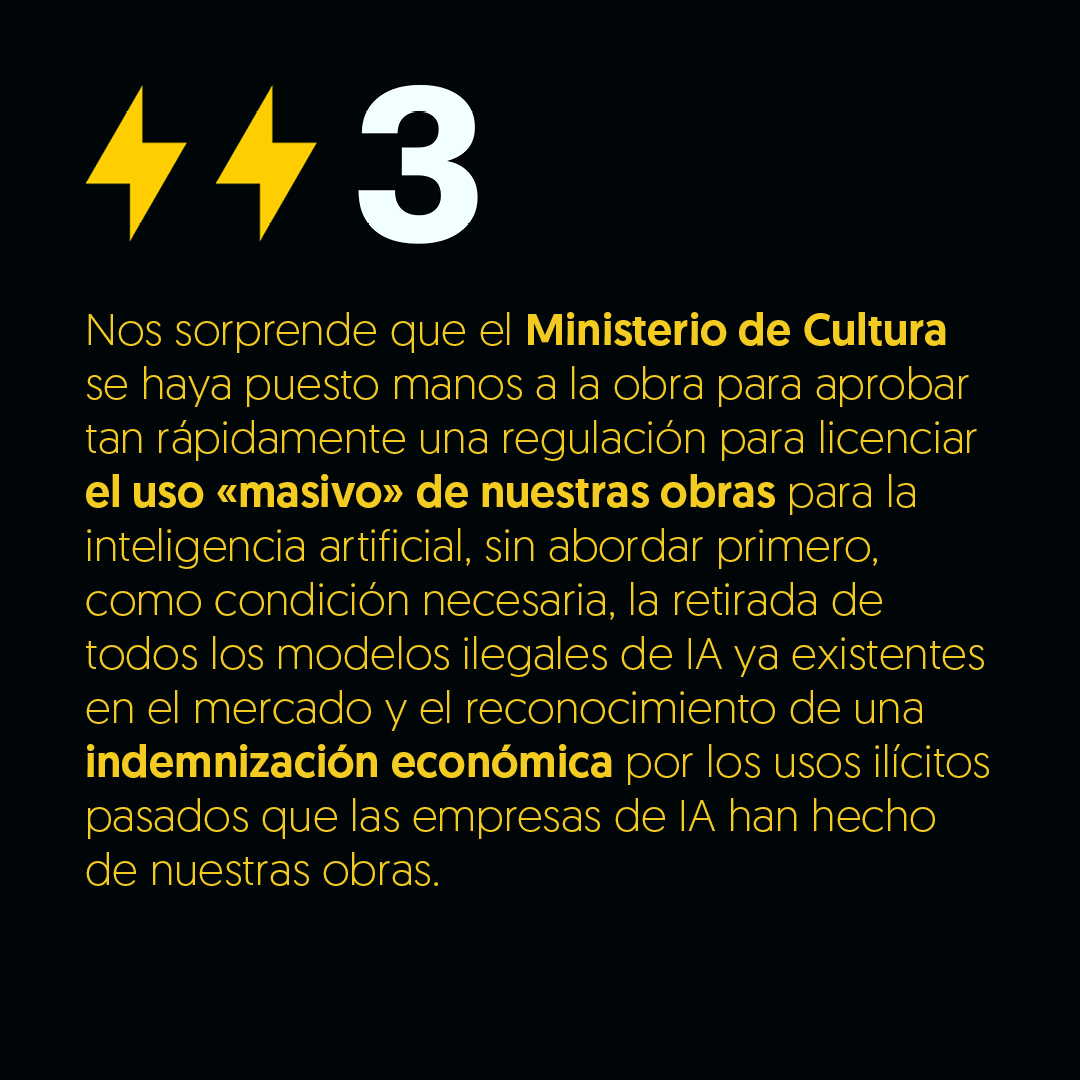 #ASÍ, NO. Hemos comunicado nuestro descontento al Ministerio de Cultura por la forma y el contenido del real decreto que se pretende aprobar para regular las licencias colectivas ampliadas para el uso «masivo» de obras artísticas y literarias por la inteligencia artificial.