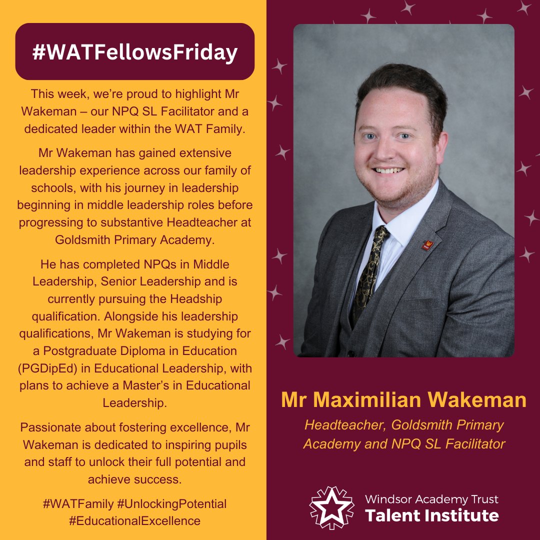 WATTalent's tweet photo. This week, weโre proud to highlight Mr Wakeman โ our NPQ SL Facilitator and a dedicated leader within the WAT family.
Join us in celebrating his dedication to educational leadership and incredible impact across our Primary Schools! ๐
#WATFamily #WATTalent #UnlockingPotential https://t.co/tl5TzEf3ic